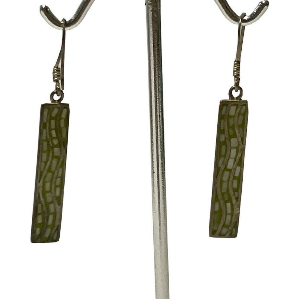 tma 925 sterling silver green enamel inlay bar dangle Drop earring hook